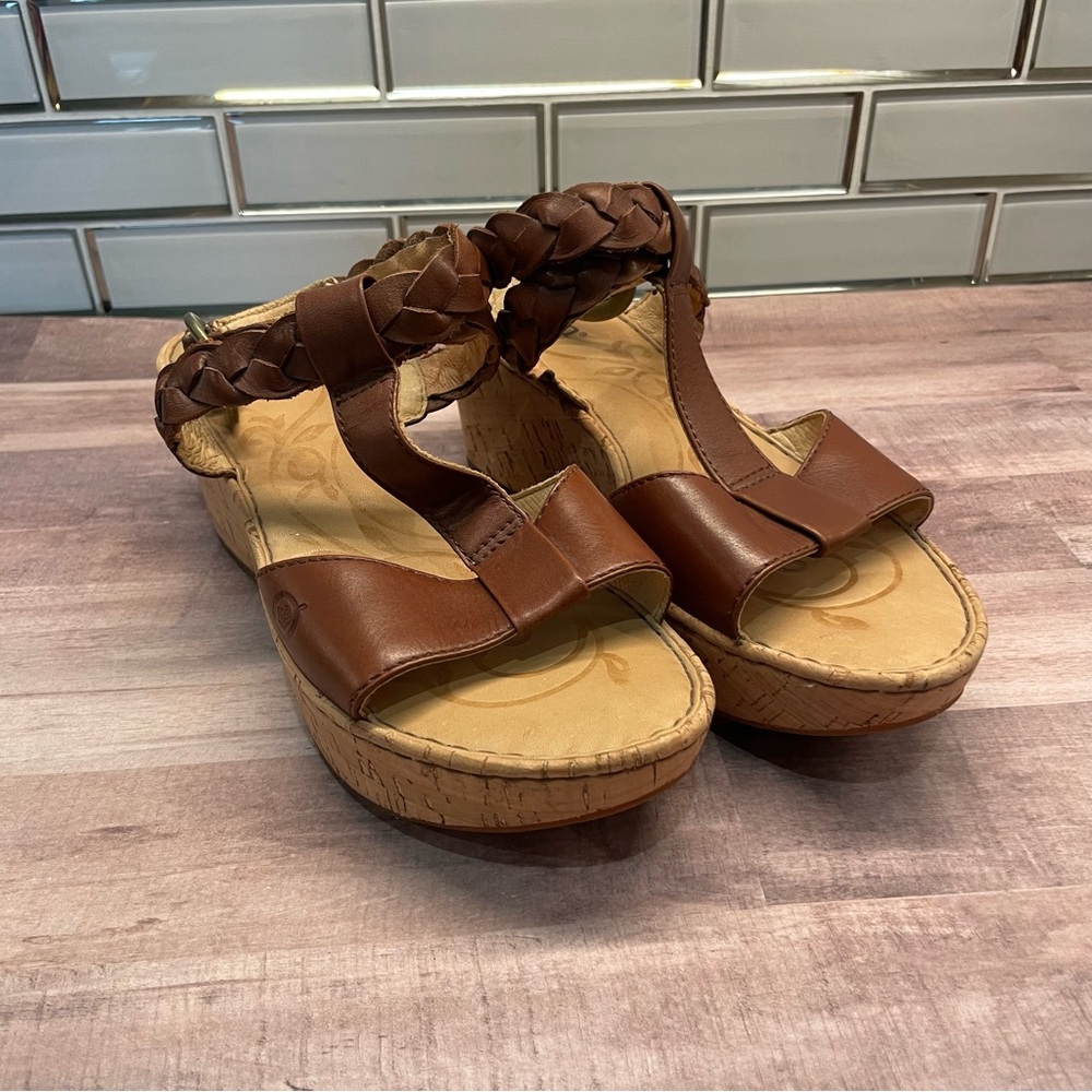 Born Laurene In Saddle Brown Braided Leather Cork Wedge Sandals Size 7 - Picture 3 of 12